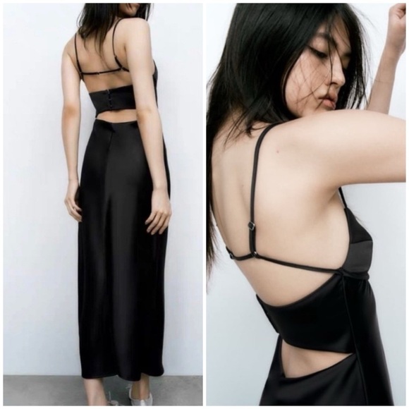Zara Satin Effect Cut Out Back Midi Dress Black Blogger Favorite Tik Tok Viral - Picture 5 of 16